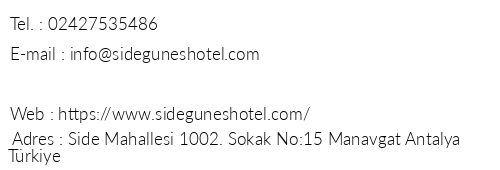 Side Gne Hotel telefon numaralar, faks, e-mail, posta adresi ve iletiim bilgileri